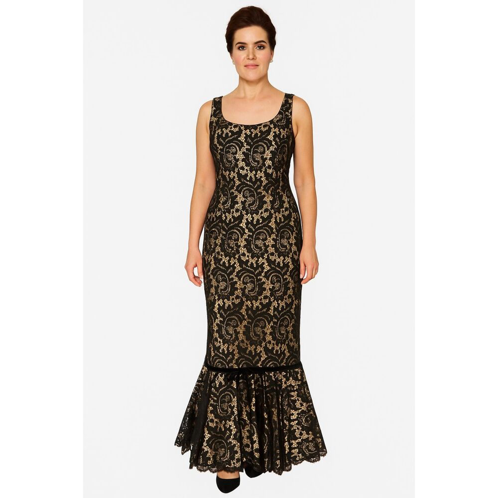 Women's S XS Vtg 1960's Lee Jordan Long Black Lace Gown Nude Wiggle Ruffled Hem